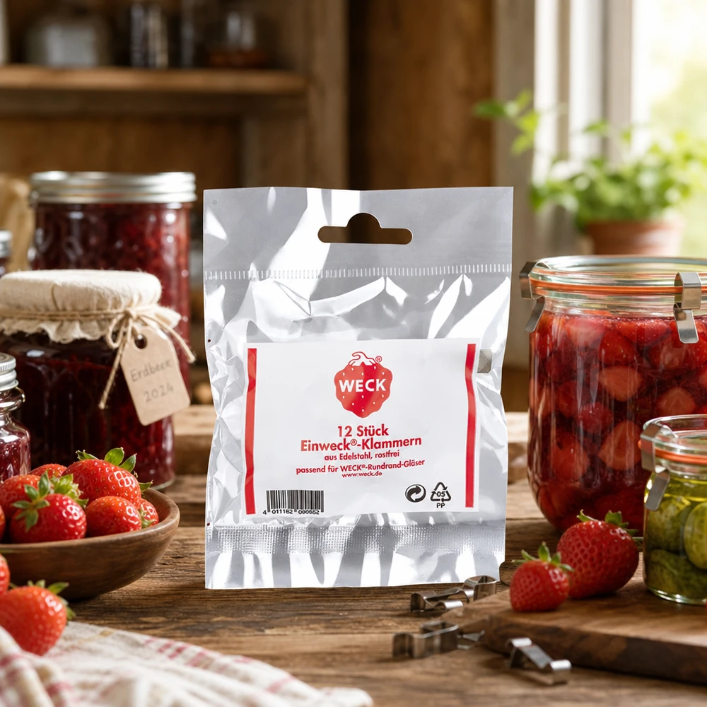 Klammern Original WECK (Pack(s) mit 12 Stück) WECK Klammern Verpackung in rustikaler Küche mit Einmachgläsern Erdbeeren und Marmelade Anwendungsbeispiel