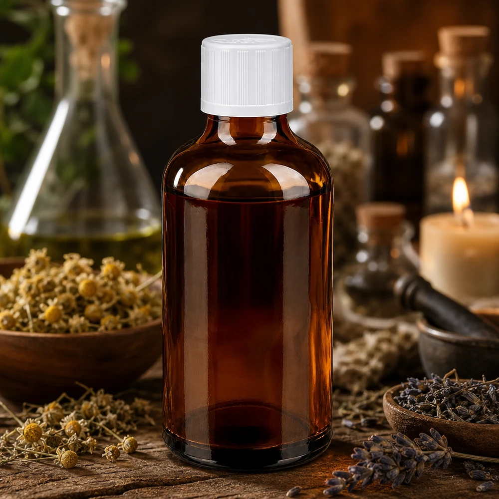 Apothekerflasche 50ml in Braunglas mit weißem KiSi Verschluss auf rustikalem Holztisch