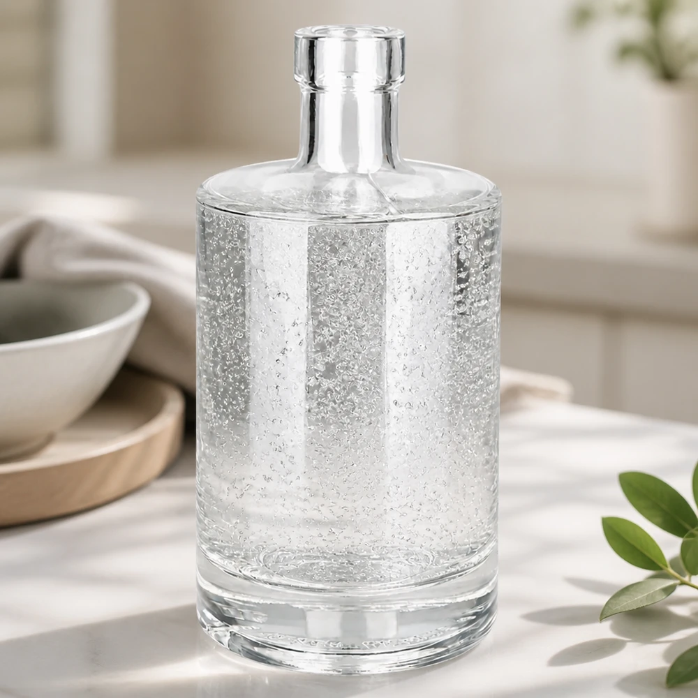 500ml Glasflasche "Galileo" ohne Verschluss UNiTWIST® 500ml Glasflasche Marie mit Wasser gefüllt zeigt Transparenz und Qualität der UNiTWIST Flasche in Küchenambiente