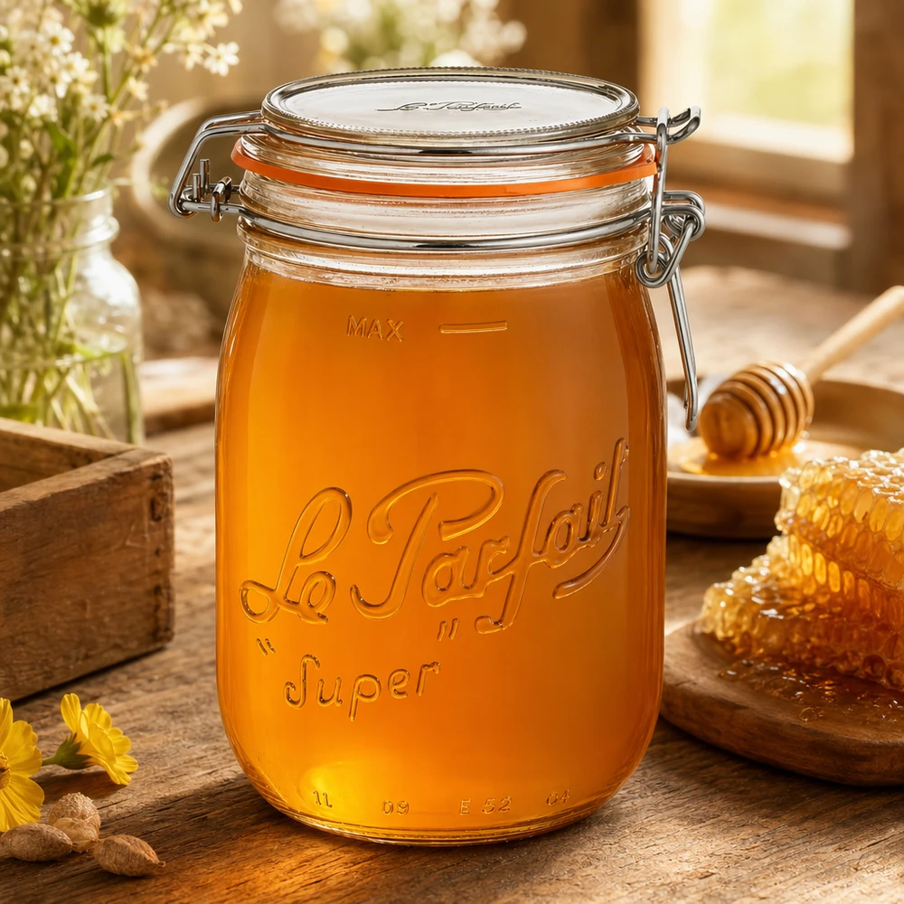 1000ml Le Parfait Super Vorratsglas mit Bügelverschluss gefüllt mit Honig auf Holztisch mit Waben und Honiglöffel