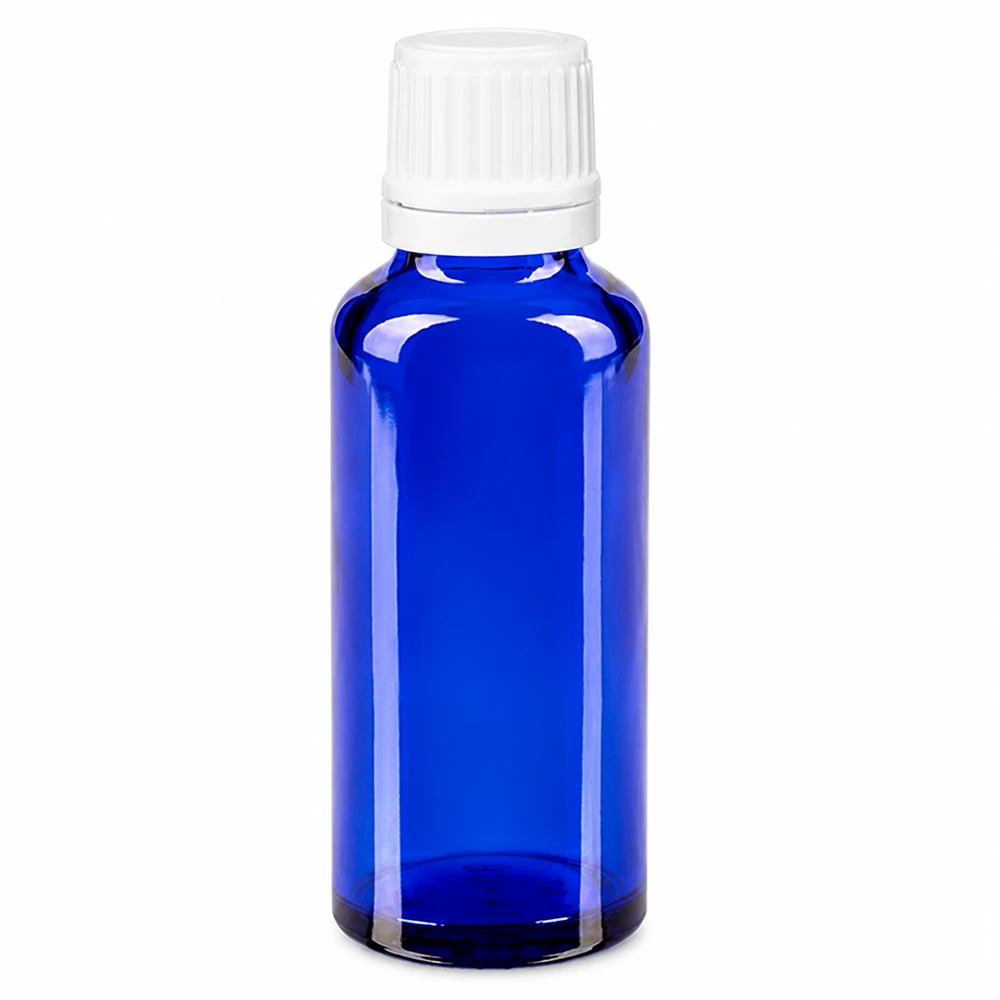 Apothekenflasche blau 30ml Tropfverschluss 1.2mm weiß Originalitätsverschluss Blaue Tropfflasche 30ml OV weiß aus hochwertigem ApoGlas für Arzneimittel und Öle