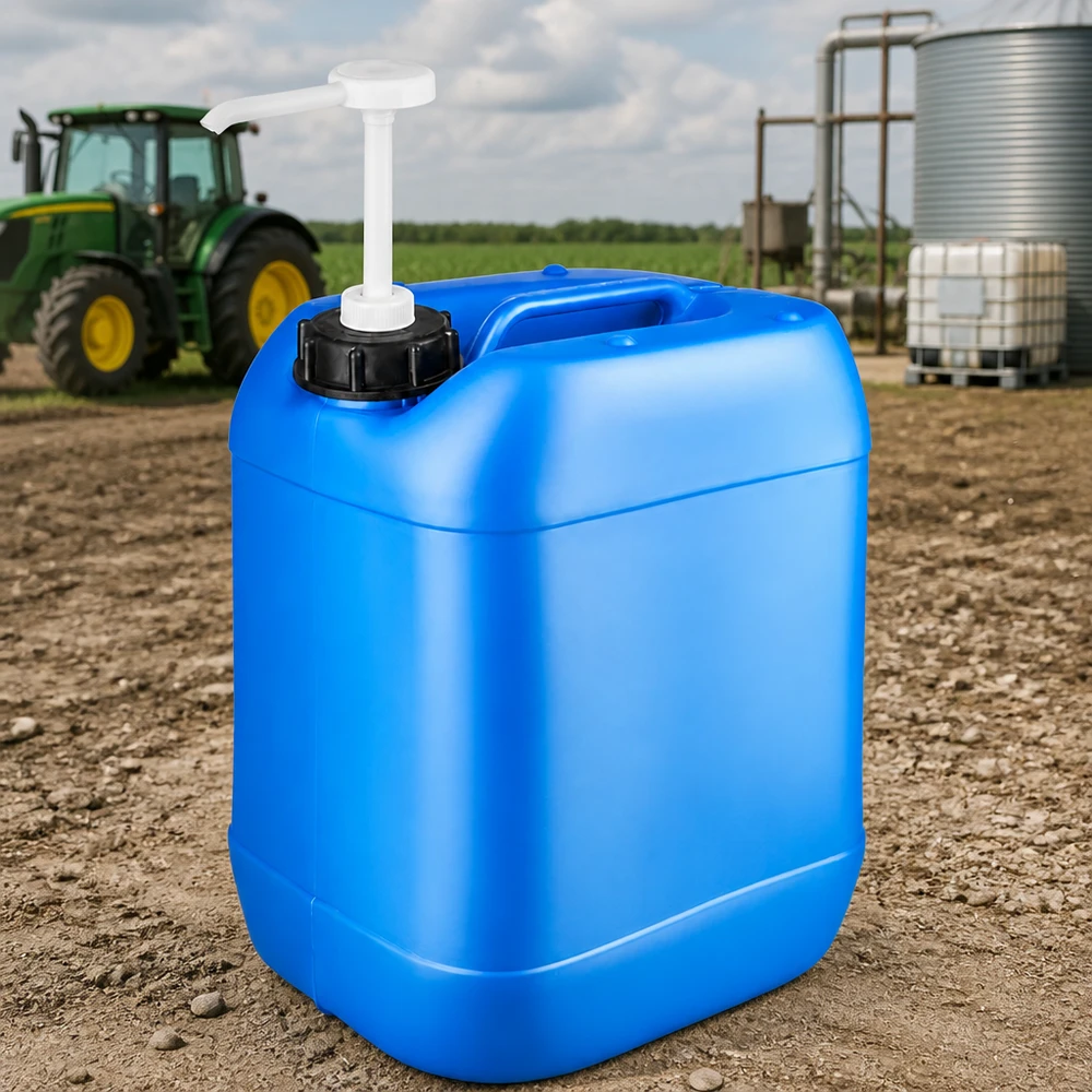 Landwirtschaftlicher Einsatz 20L Kanister blau mit Ausgießpumpe neben Getreidesilos