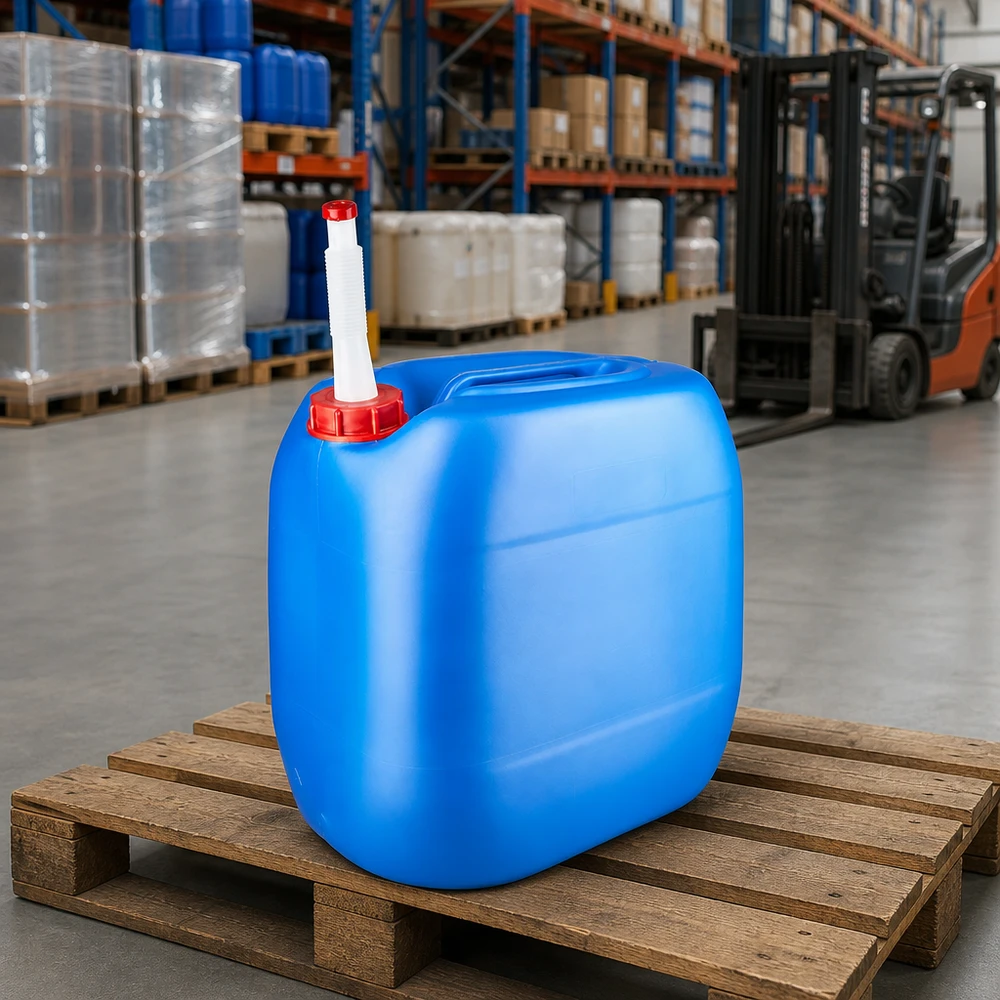 Stapelbarer HDPE-Kanister 30 Liter blau mit flexiblem Auslaufrohr zur professionellen Lagerung