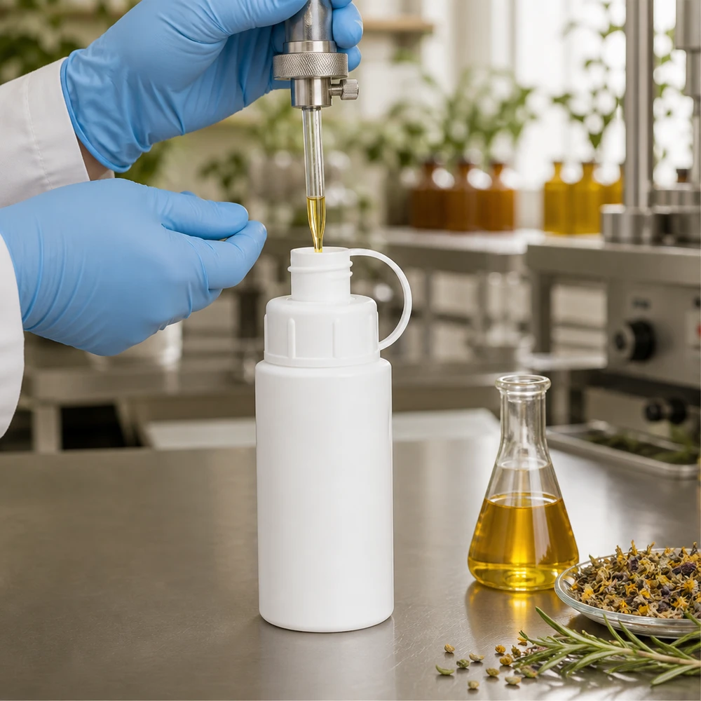 Apothekenflasche HDPE 30ml weiß mit Spritzverschluss Abfüllung von Pflanzenöl in weiße HDPE Flasche 30ml mit Spritzverschluss im Labor