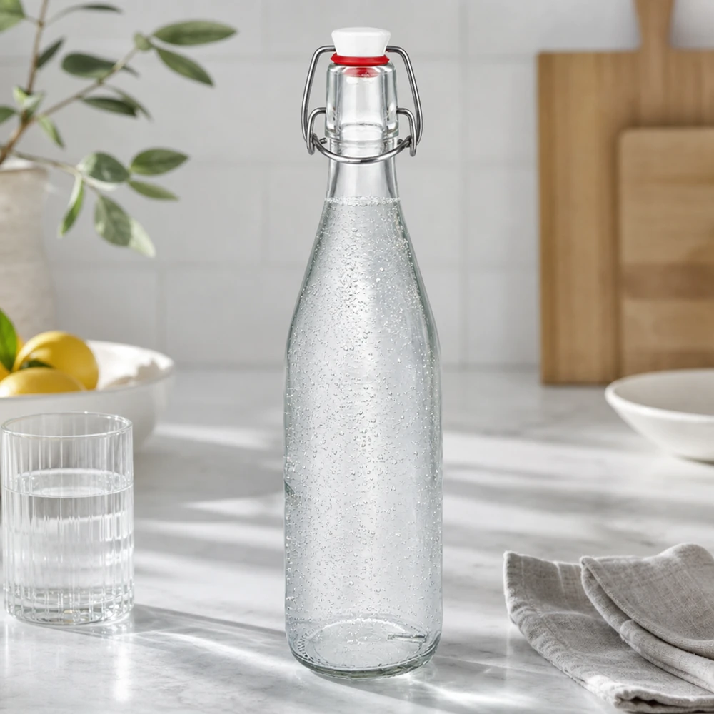 500ml Glasflasche und Bügelverschluss Porzellan UNiTWIST 500ml Glasflasche mit Bügelverschluss gefüllt mit Sprudelwasser in moderner Küche neben Glas und Besteck