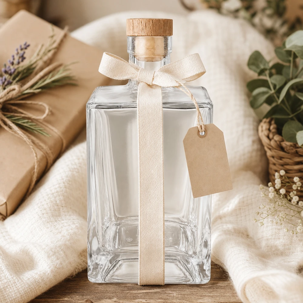 700ml Glasflasche "Gali" mit Holzgriffkorken UNiTWIST® 700ml Glasflasche Ben als Geschenk dekoriert mit cremefarbenem Band Anhänger natürliche Verpackung Holzkorken UNiTWIST