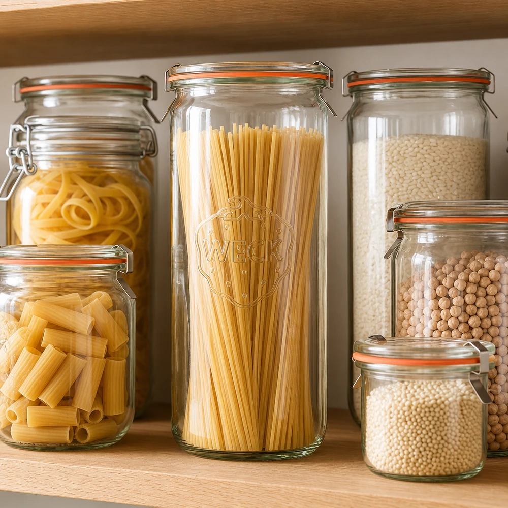 WECK Zylinderglas 1040ml RR80 zur Aufbewahrung von Nudeln Reis und Hülsenfrüchten in organisierter Vorratskammer