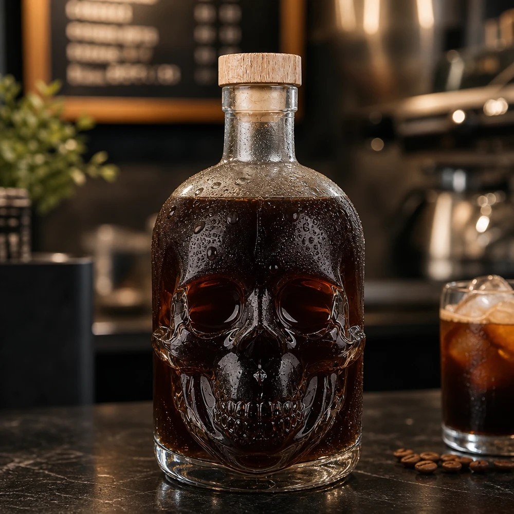 500ml Glasflasche "Jack" mit Holzgriff-Korken UNiTWIST Jack Glasflasche 500ml mit dunklem Inhalt in moderner Küche, Totenkopf-Relief mit Wassertropfen und Cocktailglas