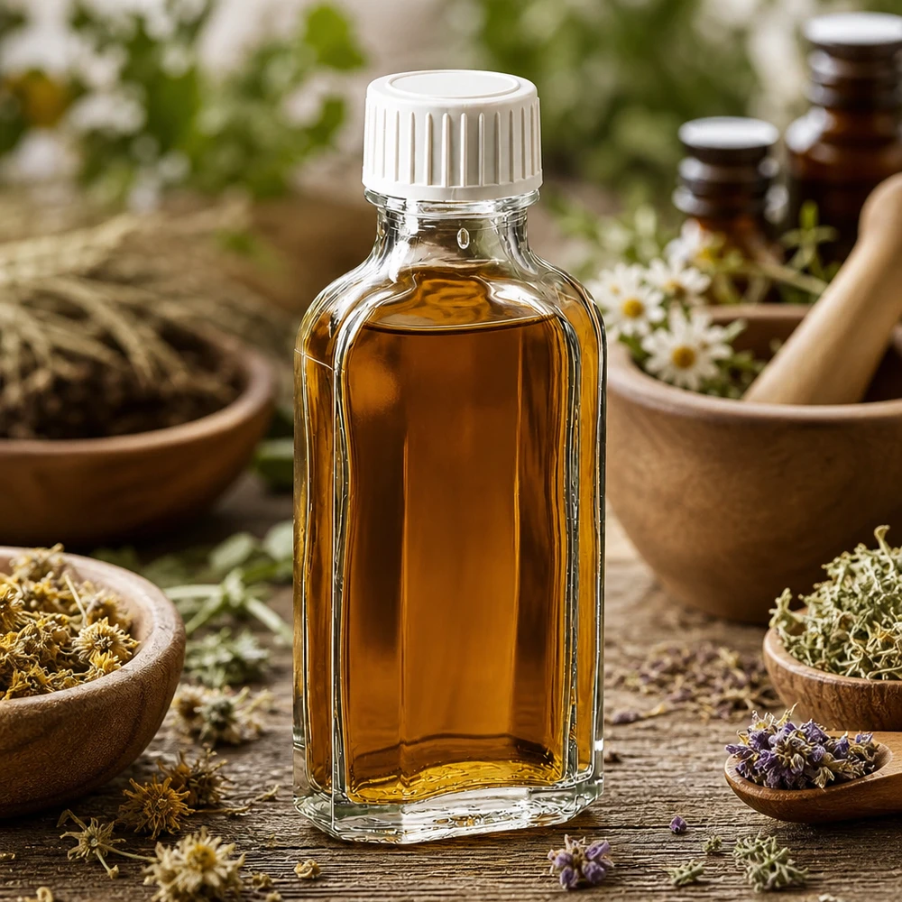 50 ml Meplat klar Schraubverschluss mit PE-Schaumeinlage Transparente 50ml Apothekerflasche mit PE-Schaumeinlage umgeben von getrockneten Naturkräutern