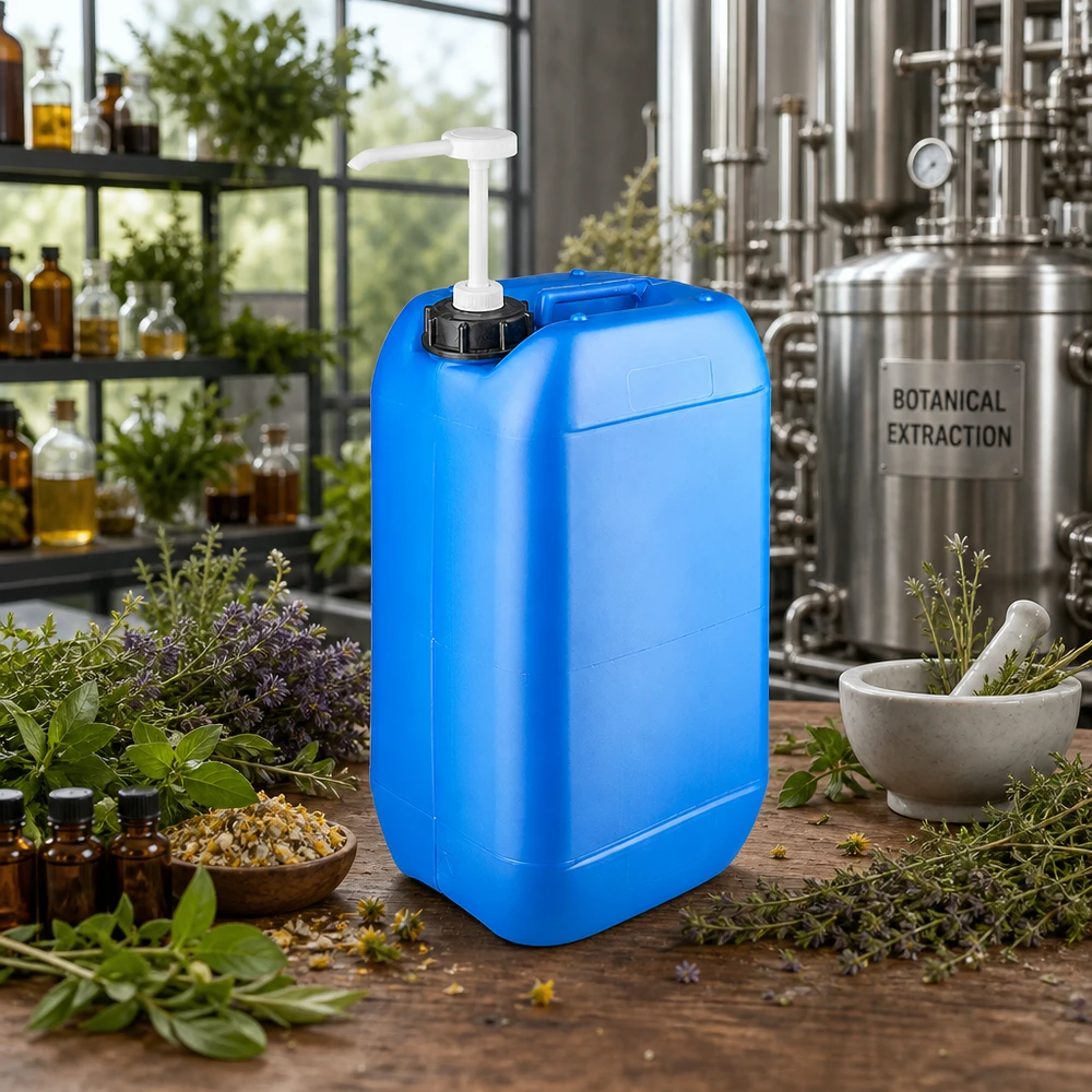 Kanister 15 Liter blau mit Dosierpumpe Robuster Hobbock 15L blau mit Pumpe für Kräuterextrakte und Naturkosmetik in der Herstellung