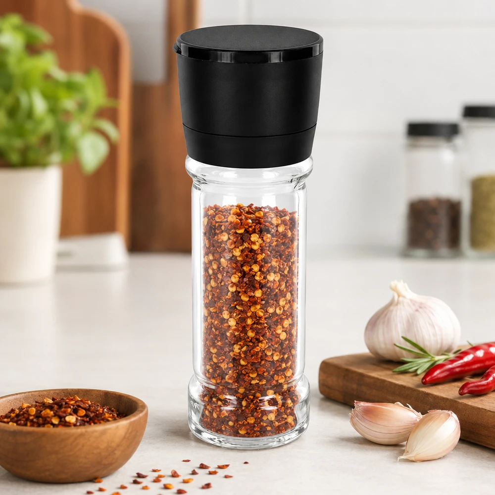 Salz-/Gewürzglas 100ml mit Mühle Vario schwarz Chiliflocken-Mühle 100ml Vario schwarz auf weißer Küchenarbeitsplatte mit Knoblauch
