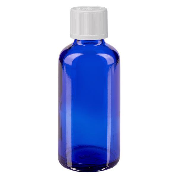 Apothekenflasche blau 50ml Schraubverschluss weiß Kindersicherung Standard Apothekenflasche blau 50ml Schraubverschluss weiß Kindersicherung Standard