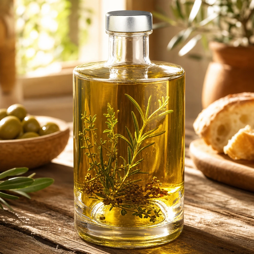 375ml Glasflasche Sam mit Kräuteröl befüllt - Rosmarin und Thymian in goldenem Olivenöl mit silbernem Verschluss