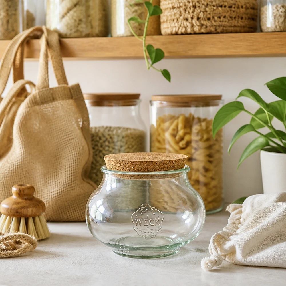 WECK Schmuckglas RR100 1062ml Zero Waste Küche nachhaltige Aufbewahrung Korkverschluss Naturmaterialien Öko
