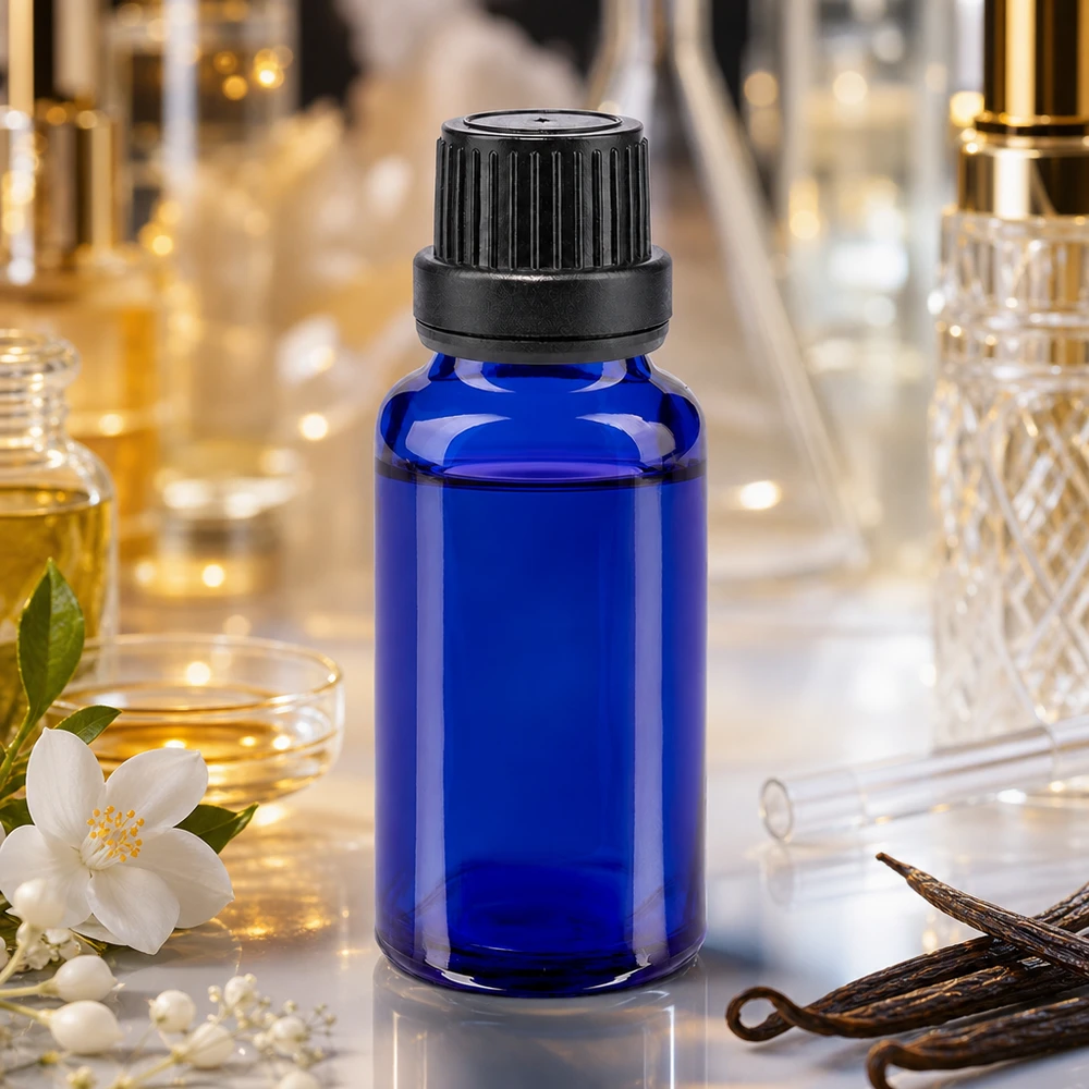 Apothekenflasche blau 20ml Schraubverschluss schwarz Dichteinlage Originalitätsverschluss 20ml blaue Apothekerflasche Glas mit OV schwarz neben Vanilleschoten und Jasminblüten