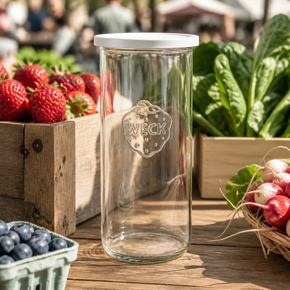 WECK Sturzglas 1500ml RR100 dekorativ arrangiert mit frischen Marktprodukten Erdbeeren Blaubeeren und Radieschen