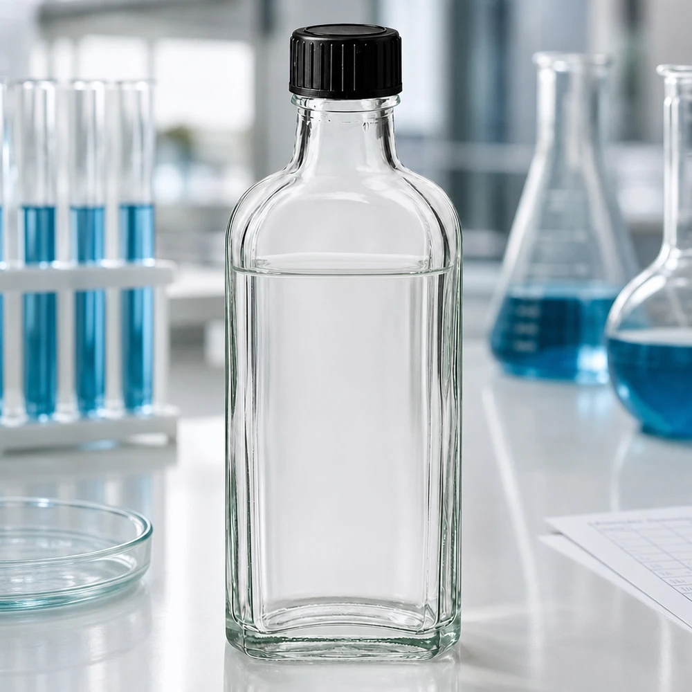 100 ml Meplat klar Schraubverschluss mit LKD-Dichtscheibe Rechteckige Klarglasflasche 100ml Meplat mit auslaufsicherem Schraubverschluss und Dichtscheibe