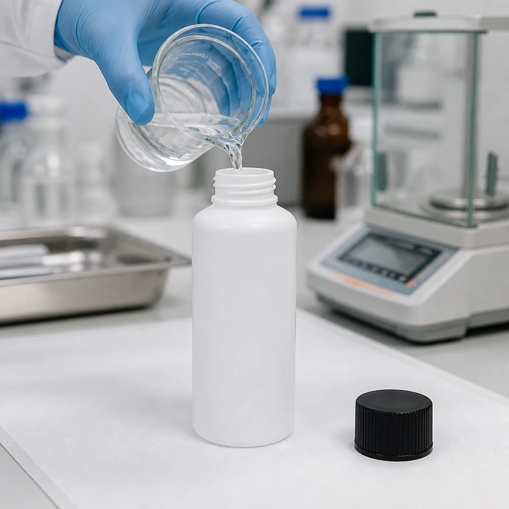 Laborant mit Schutzhandschuhen befüllt weiße 30ml Apothekerflasche aus HDPE Kunststoff