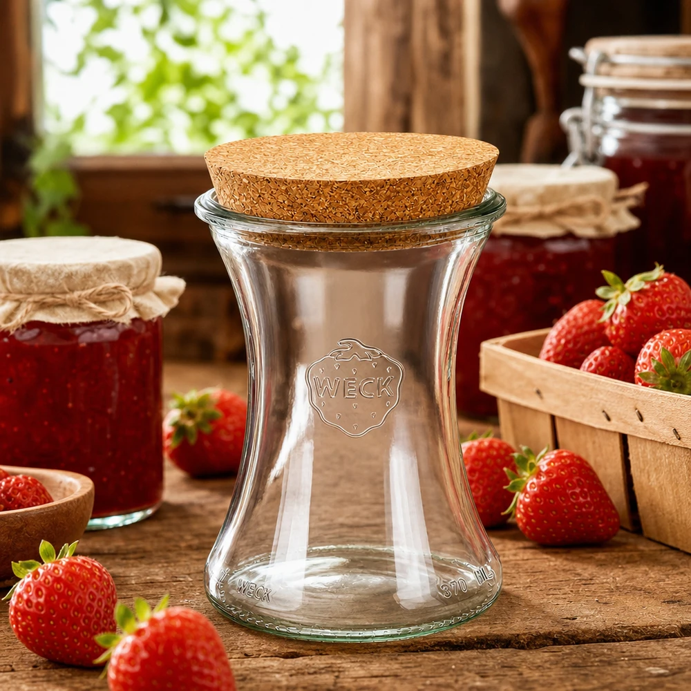 WECK Vorratsglas 370ml RR80 Lifestyle-Szene mit Erdbeeren und Marmeladengläsern auf Holztisch in Küche