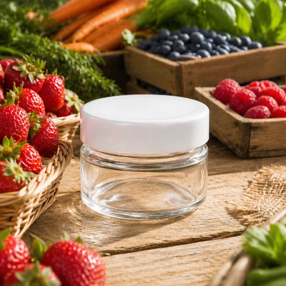 80ml Rundglas mit BasicSeal Deckel weiß deep UNiTWIST 80ml Rundglas mit BasicSeal Deckel umgeben von frischen Beeren zeigt natürliche Ästhetik für Kosmetikaufbewahrung