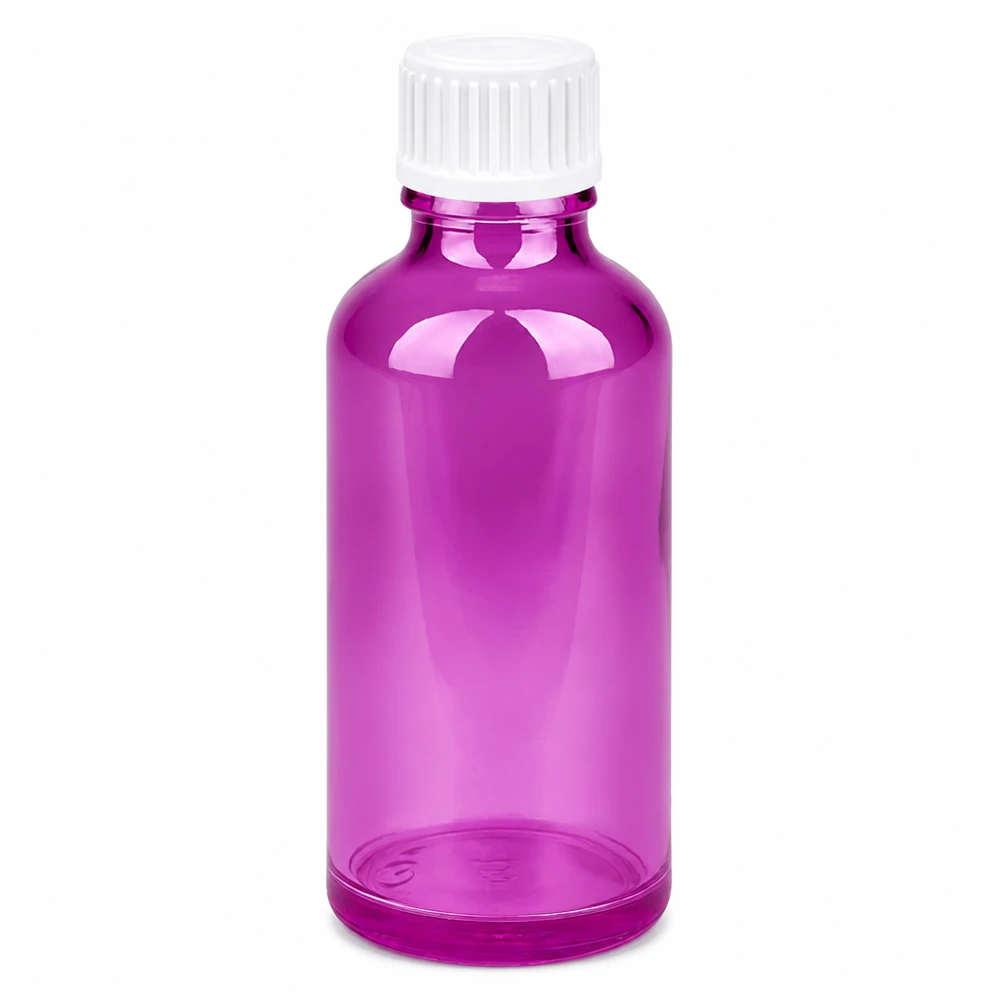 50ml (Globuli)Flasche 3mm Giessring weiß Standard PurpleLine. UT18/50 Transparente lila Glasflasche 50 Milliliter mit kindersicherem Schraubdeckel