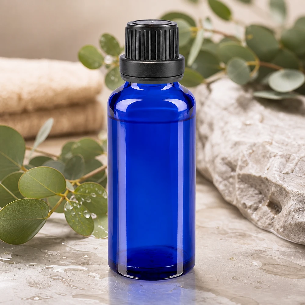 Apothekenflasche blau 30ml Schraubverschluss schwarz Dichteinlage Originalitätsverschluss Kleine blaue Glasflasche 30ml mit kindersicherem Schraubverschluss schwarz für ätherische Öle