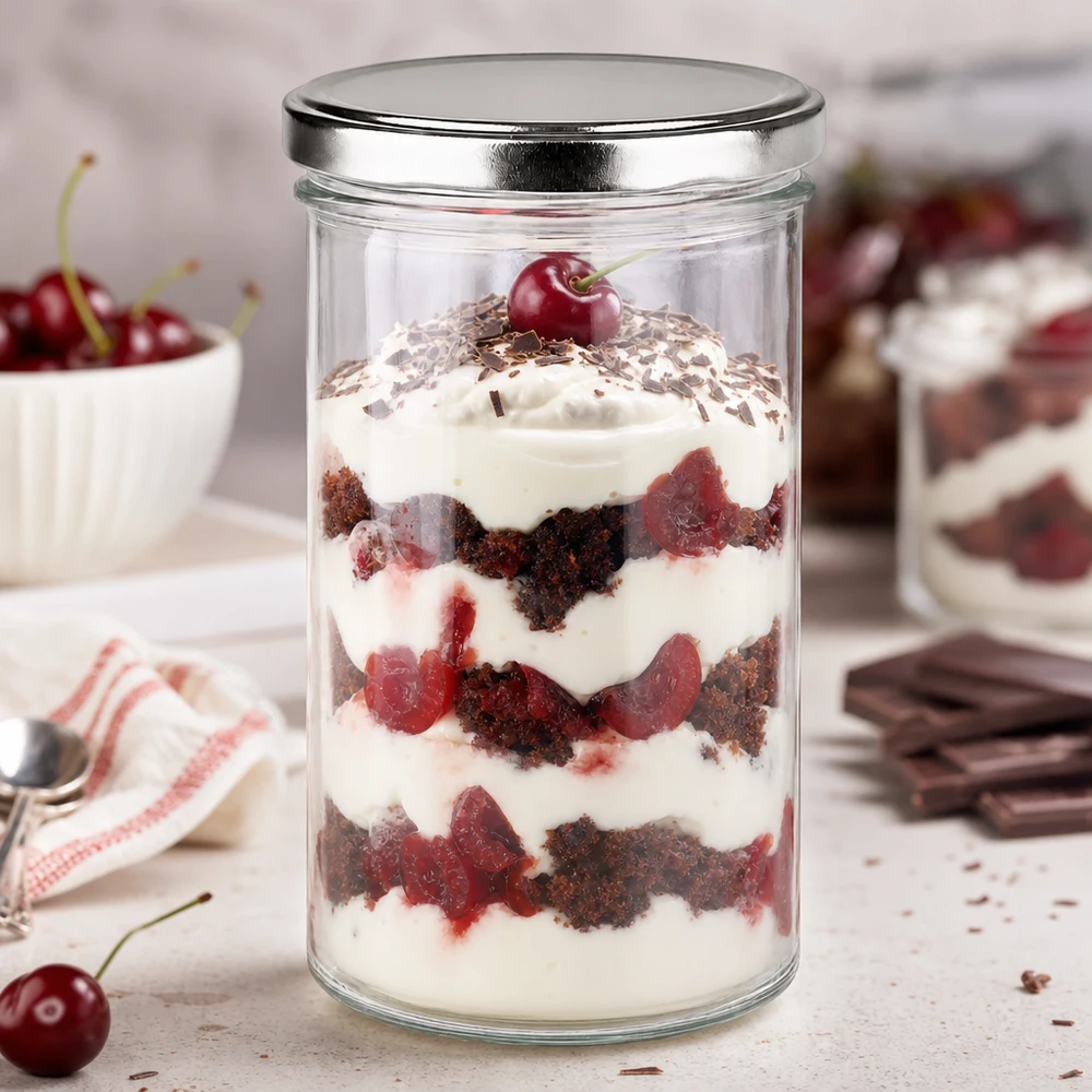 277ml Sturzglas mit BasicSeal Deckel silber UNiTWIST 277ml Sturzglas mit silbernem BasicSeal Deckel gefüllt mit Schichtdessert Kirsch-Schokolade perfekt für Meal Prep