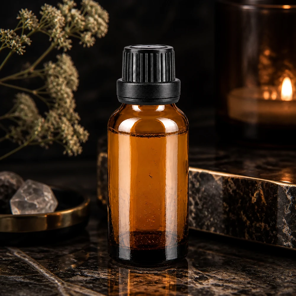 Apothekenglas 20ml in Bernsteinfarbe mit schwarzer OV-Kappe und 2mm Präzisionstropfer
