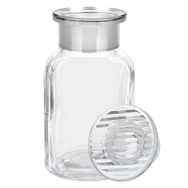 Rundschulterfl. 100ml klar Weithals Glasstopfen Klare Glasflasche mit Rundschulter 100ml und gerilltem Weithalsstopfen aus Klarglas