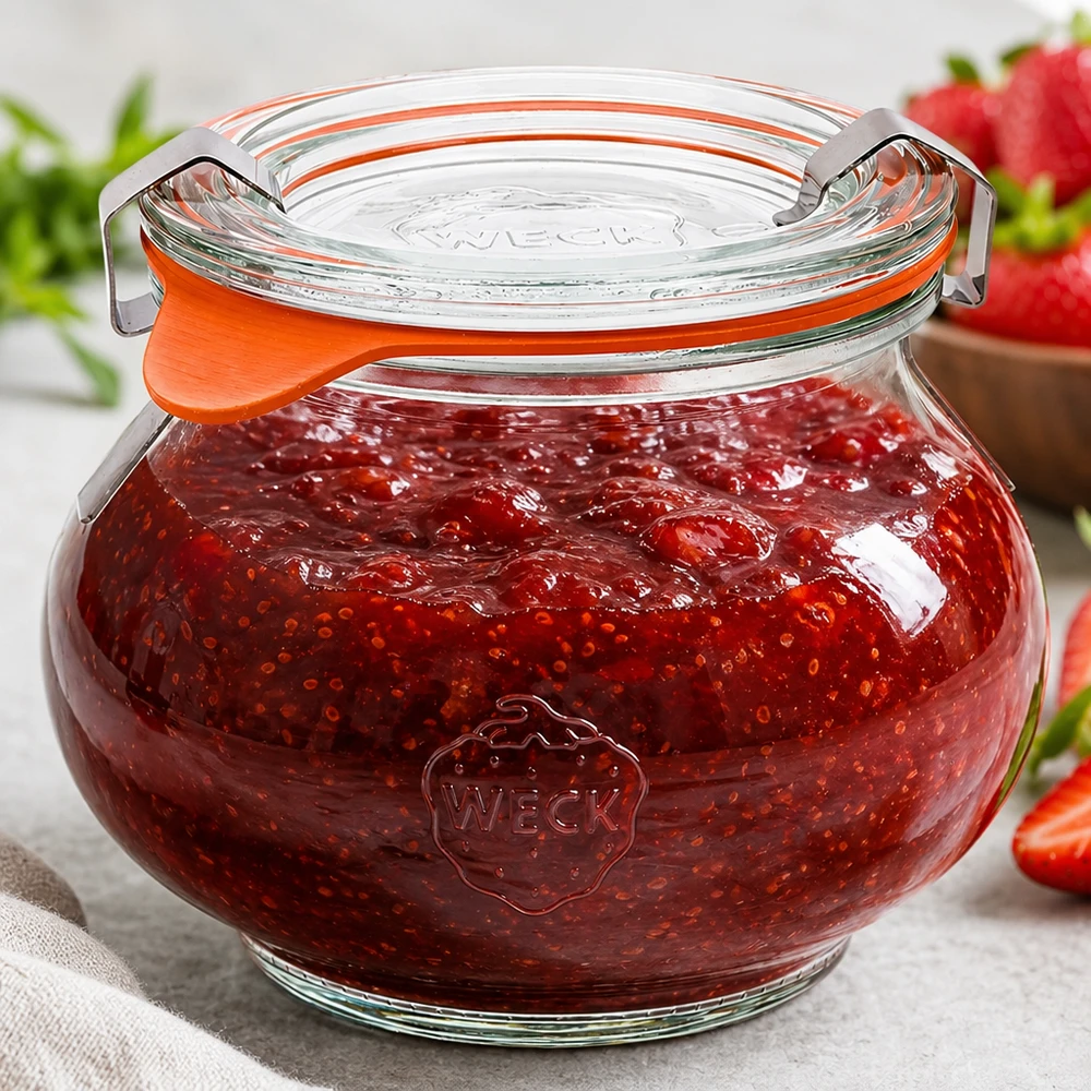 WECK Schmuckglas 220ml RR60 mit selbstgemachter Erdbeermarmelade gefüllt, ideales Konservierungsglas für Konfitüren