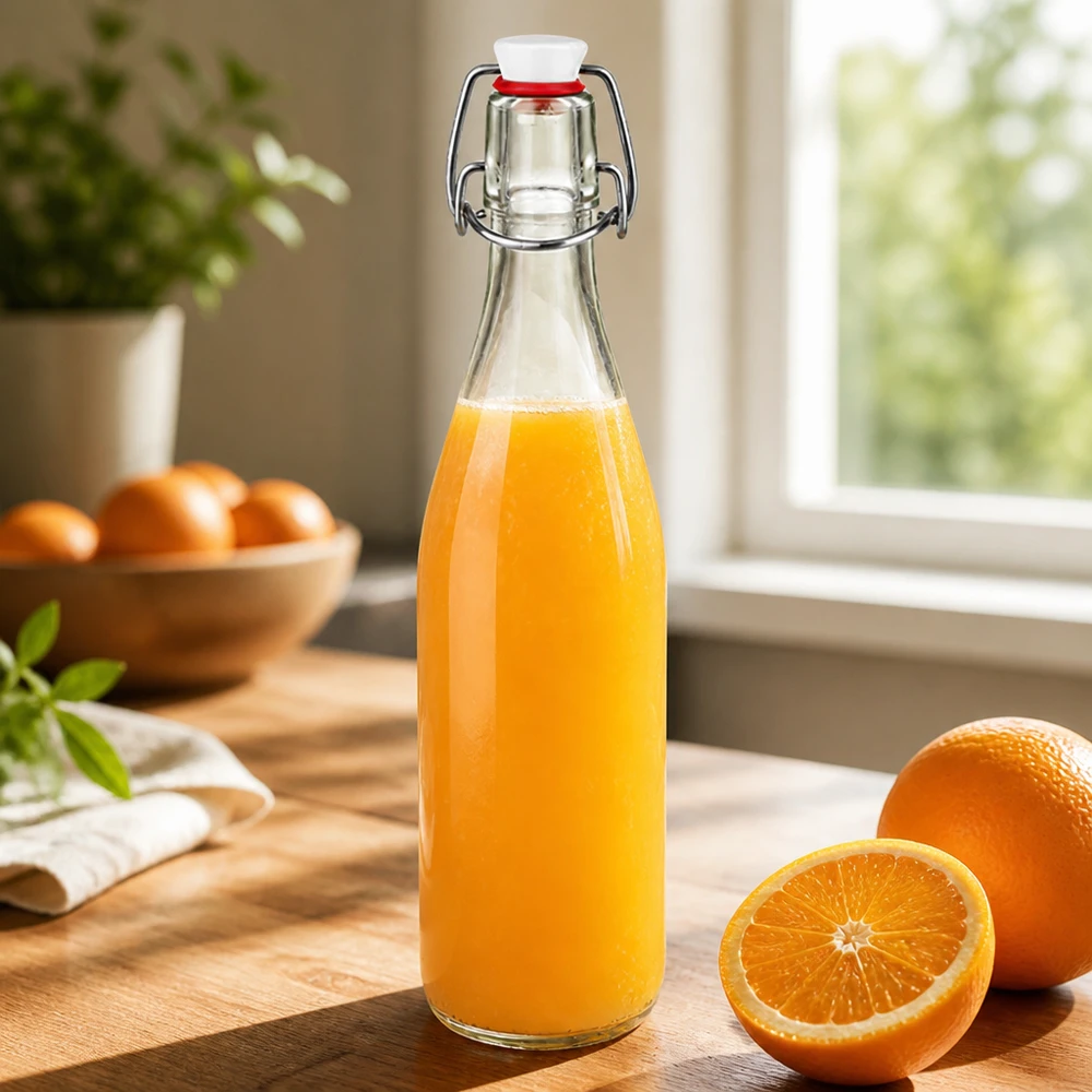 500ml Glasflasche und Bügelverschluss Porzellan UNiTWIST Glasflasche 500ml Bügelverschluss mit Orangensaft gefüllt auf Holzbrett neben frischen Orangen in Küche