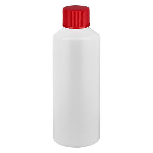 Apothekenflasche HDPE 100ml weiß, mit rotem Schraubverschluss Apothekenflasche HDPE 100ml weiß, mit rotem Schraubverschluss