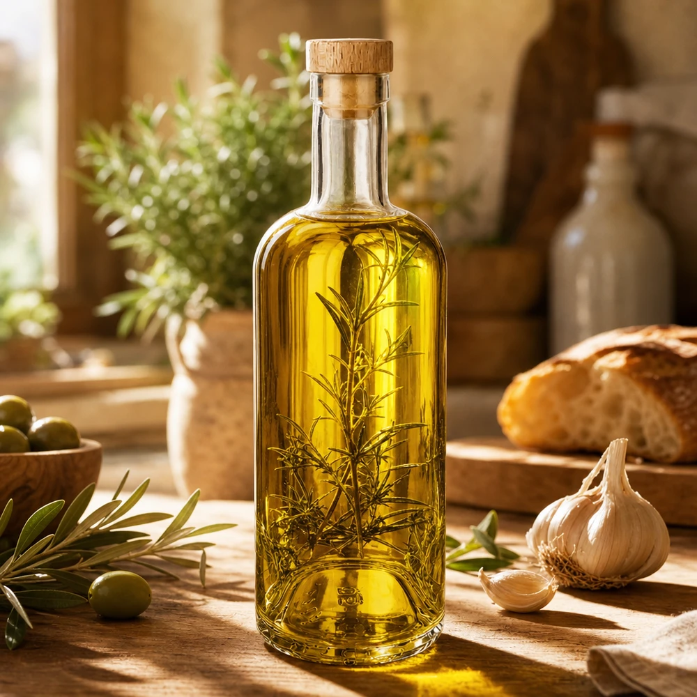 750ml Glasflasche "Attila" mit Holzgriffkorken UNiTWIST® 750ml Glasflasche Emma mit Holzkorken gefüllt mit Kräuteröl und Rosmarin in mediterraner Küchen-Atmosphäre mit Oliven