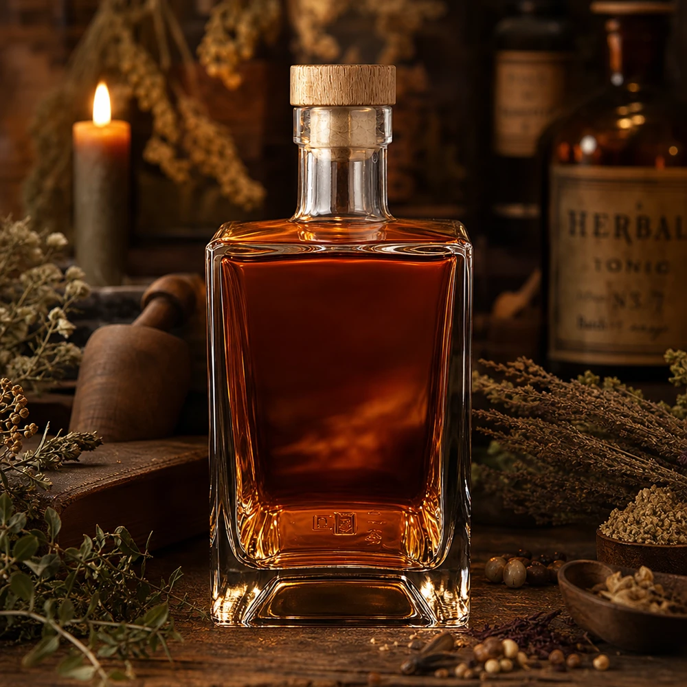 700ml Glasflasche "Gali" mit Holzgriffkorken UNiTWIST® 700ml Glasflasche Ben mit Whisky gefüllt rustikale Kräuter Kerze Ambiente braune Spirituose Holzkorken UNiTWIST