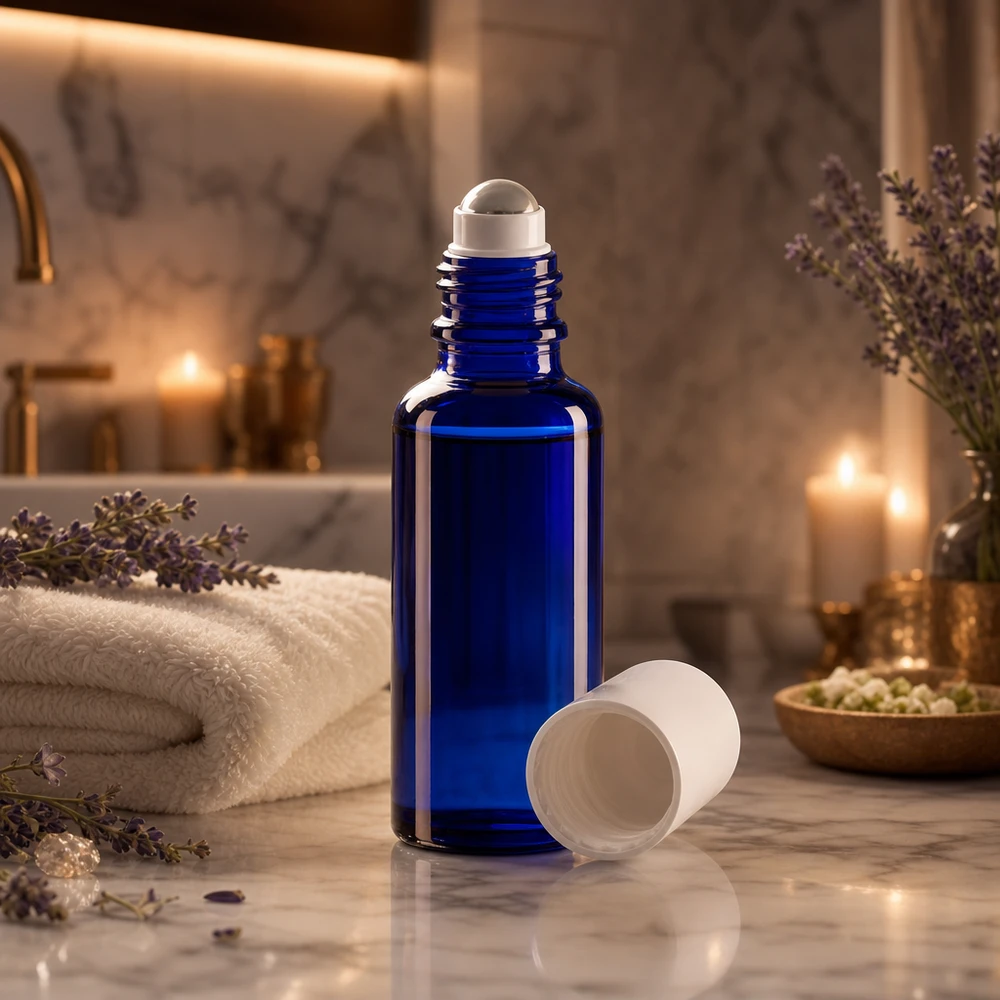 Blaue Aromatherapie Rollerflasche 30ml STD mit Glaskugel neben Lavendel und Kerzen