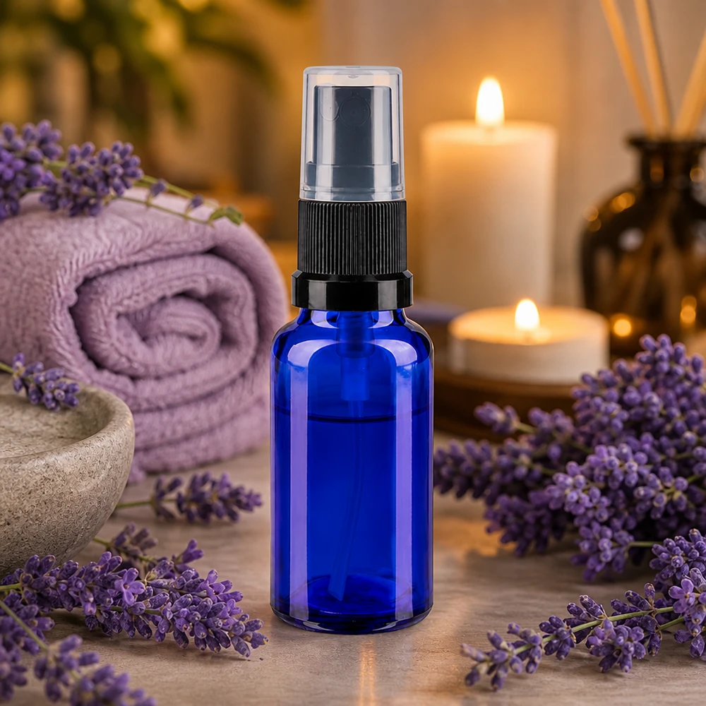 Blaue 20ml Glasflasche mit Sprühkopf ideal für Lavendelwasser und Aromatherapie-Anwendungen