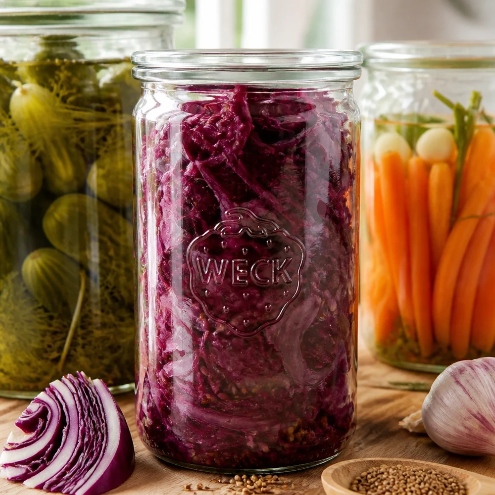 WECK Einmachglas 1590ml RR100 mit fermentiertem Rotkohl neben eingelegten Gurken Karotten auf Holzbrett