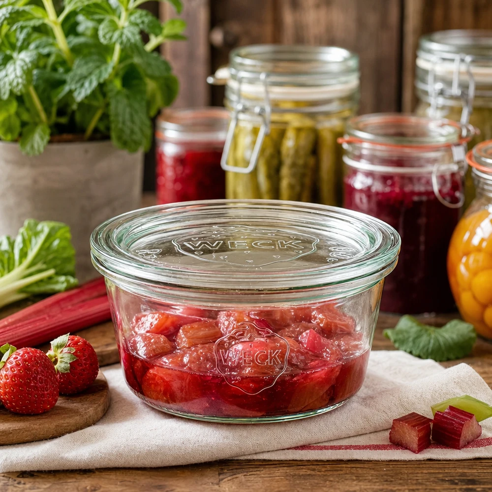 WECK Sturzglas 290ml RR100 mit Rhabarber-Erdbeer-Konfitüre gefüllt in Vorratskammer mit Einmachgläsern und frischen Zuta