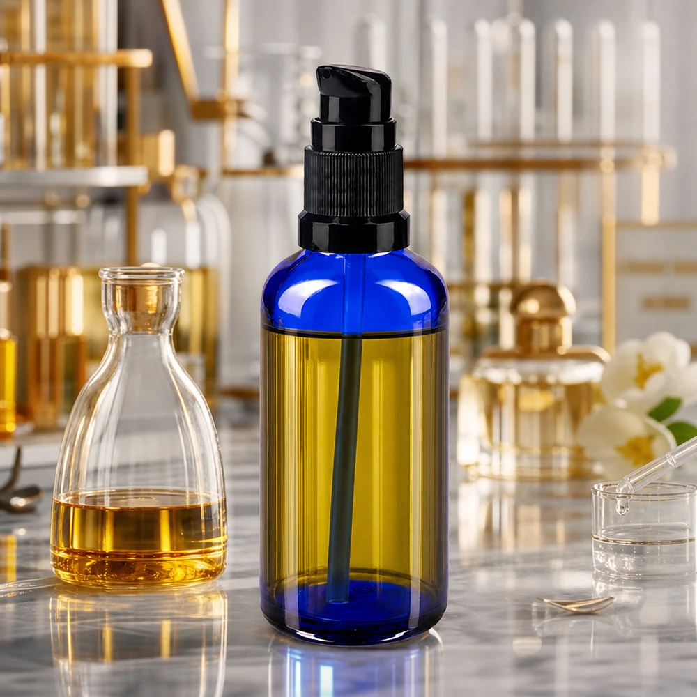 Apothekenflasche blau 50ml PumpVerschluss schwarz Standard Hochwertige 50ml Pumpflasche aus blauem Glas mit STD Schwarzpumpe für Laboranwendungen