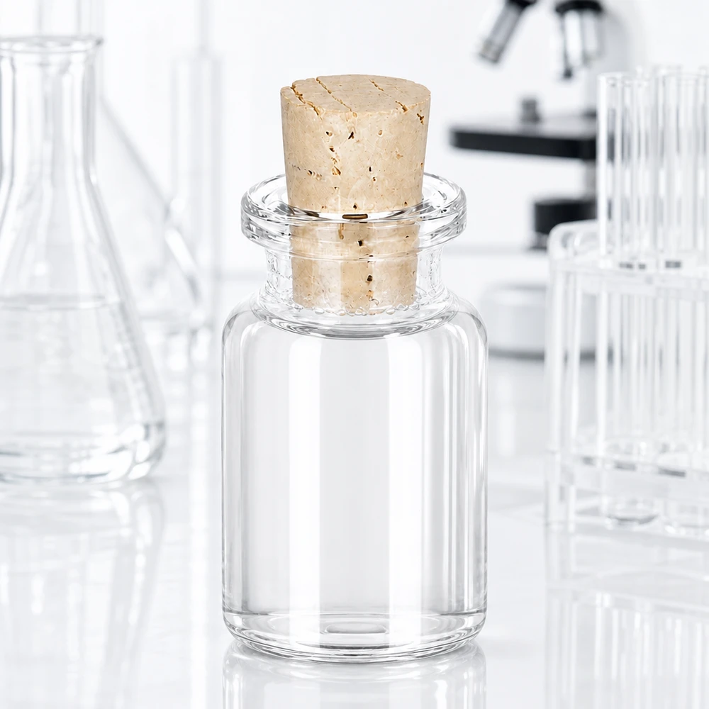 10ml Apothekerflasche aus Klarglas mit Korken 11/14mm auf Labortisch
