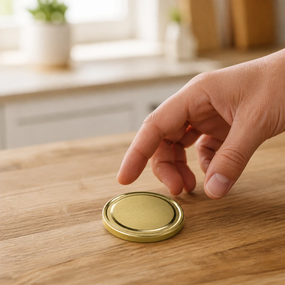 UNiTWIST TO66 gold BPA-NI Deckel mit gewelltem Rand und mattem Zentrum auf Küchentheke