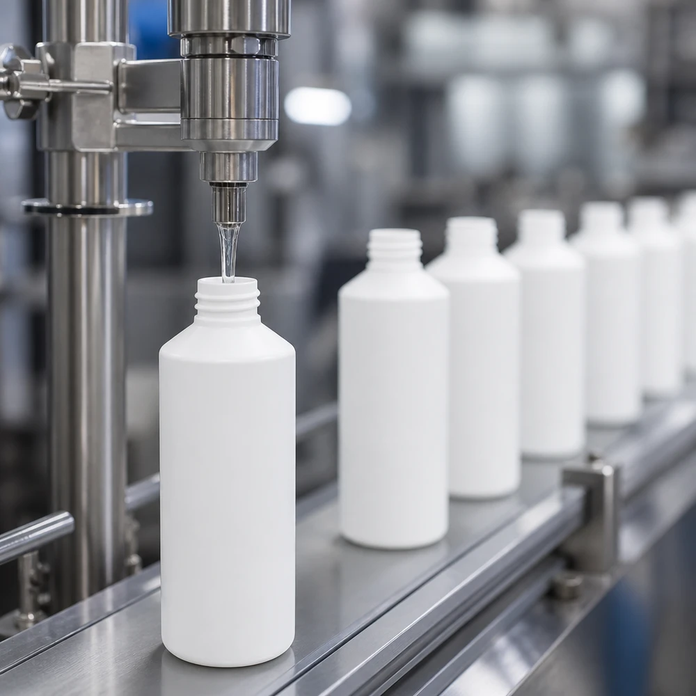 Apothekenflasche HDPE 100ml weiß, ohne Verschluss Industrielle Befüllung zylindrischer HDPE Apothekenflaschen 100ml mit Flüssigkeit