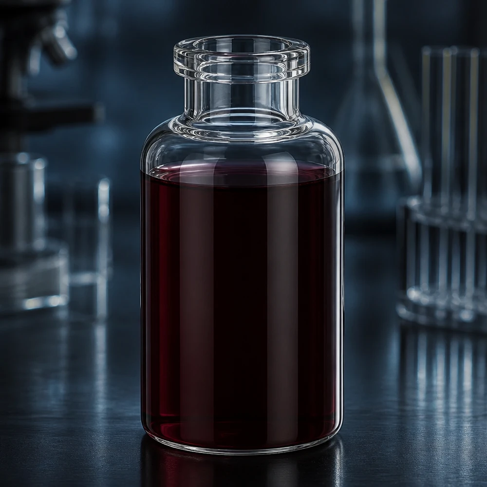 Injektionsflasche Klarglas 30ml Injektionsflasche 30ml aus Borosilikatglas mit dunkelrotem Wirkstoff vor blauem Laborhintergrund