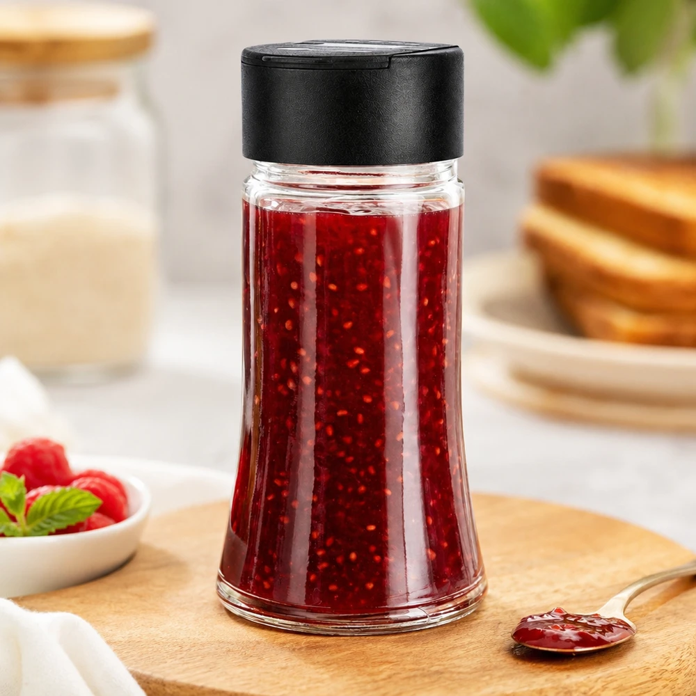Salz-/Gewürzglas 95ml mit Doppelstreuer schwarz Kleines Einmachglas 95ml mit Schraubverschluss gefüllt mit roter Fruchtmarmelade und Kernen