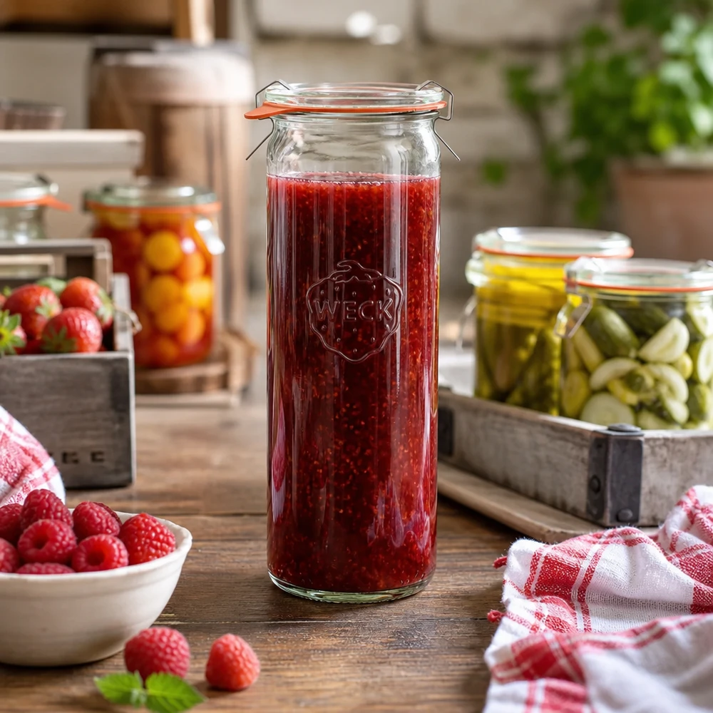 WECK Zylinderglas 600ml RR60 in der Küche mit roter Marmelade gefüllt neben frischen Himbeeren und Einmachgläsern