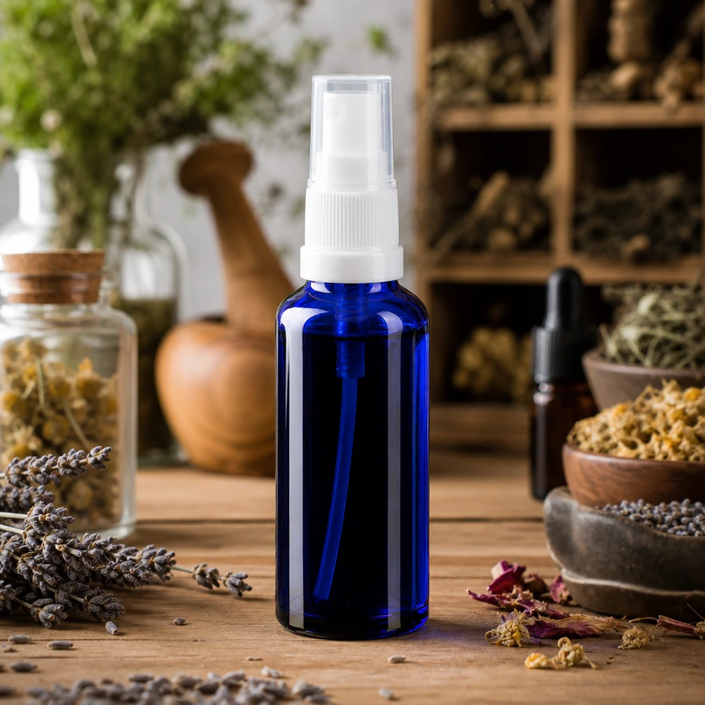 Kobaltblaue Apothekerflasche mit transparenter Schutzkappe auf Holztisch im Kräuterstudio