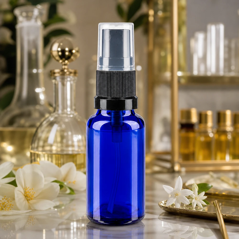 Apothekenflasche blau 20ml Sprayaufsatz schwarz Kleine Glasflasche 20ml in Kobaltblau mit Feinzerstäuber für Parfum und Raumsprays