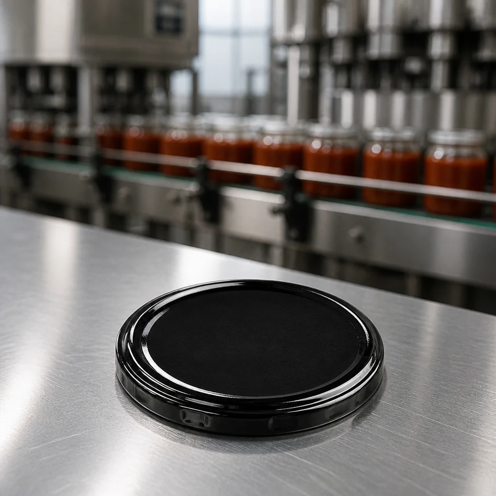 BasicSeal TO100 Deckel schwarz 100mm Nahaufnahme mit Gläserfüllanlage im Hintergrund