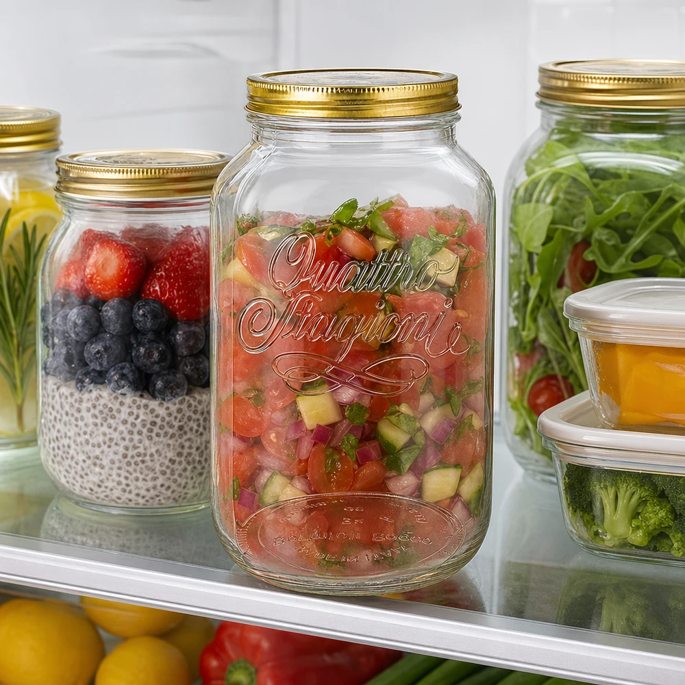 Quattro Stagioni 3800ml Einmachglas befüllt mit Salsa und Beeren im Kühlschrank Meal Prep Vorratshaltung