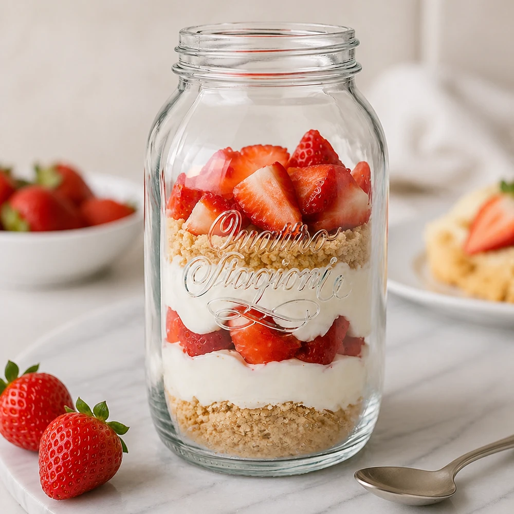 1500ml Quattro Stagioni Haushaltsglas mit Erdbeere-Dessert-Schichtung - stilvolles Einmachglas für Küche und Vorratshalt